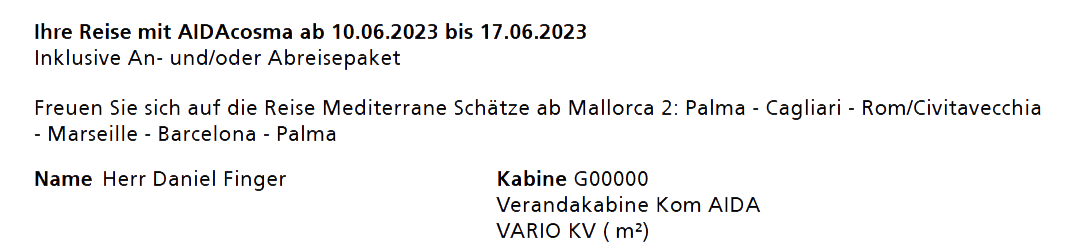 AIDA Kabine G00000 - Auszug aus der Buchungsbestätigung