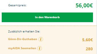 AIDA Screenshot myAIDA Kundencenter - Warenkorb mit Seenmeilen und Gönn-Dir-Guthaben